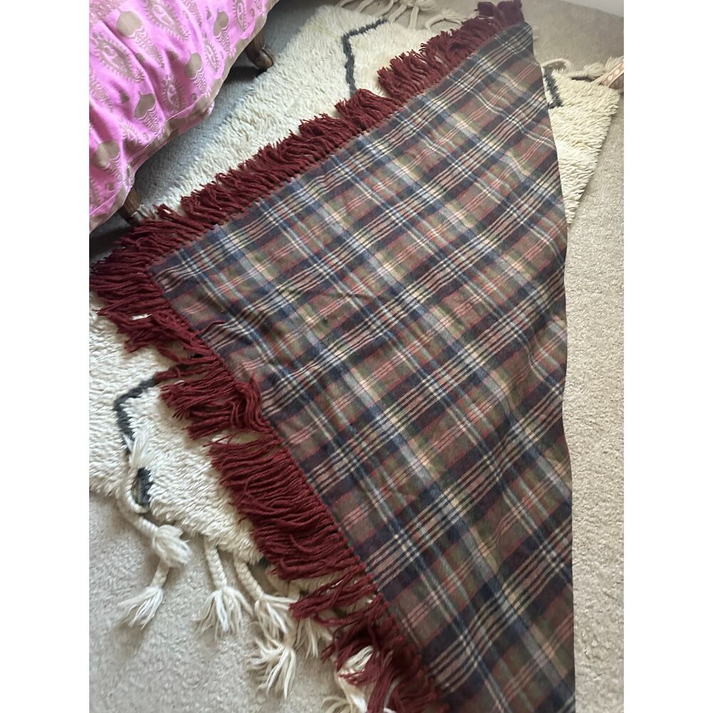 Vintage Plaid Wool Shaw Fringe Triangle brown rust gray olive green 82”x82” - Picture 13 of 16